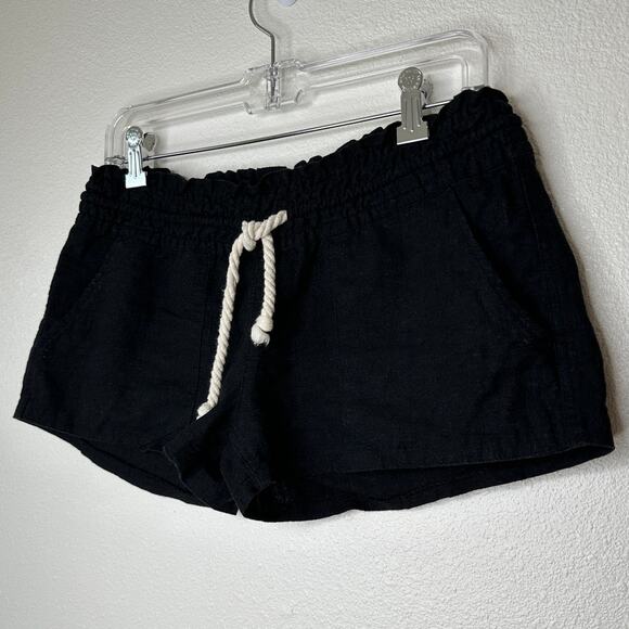 Roxy Oceanside Black Linen Elasticized Cream Rope Tie Shorts M - Picture 3 of 11